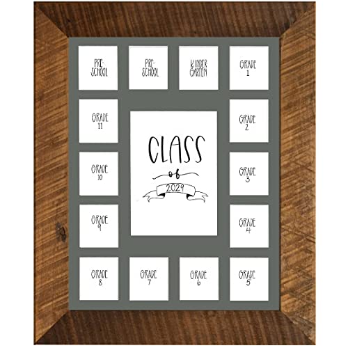 Image of Rustic Red Door Co. School Years Reclaimed Wood Picture Frame with Mat - 11x14 Wooden Framed 15 Photo Collage Mat Pre-School & Kindergarten to 12th Grade (Class of 2029, Grey)