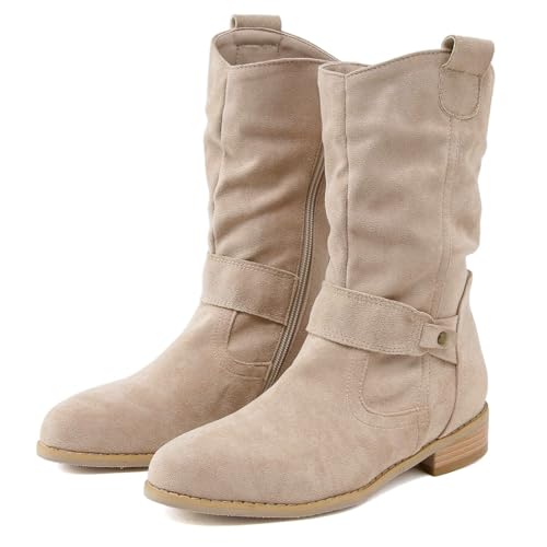 Women's Cowboy Cowgirl Boots Casual Round Toe Boots with Side Zipper Riding Combat Boot Buckle Strap Shoes Slouched Leather Pull On Shoe for Fall and Winter Wear