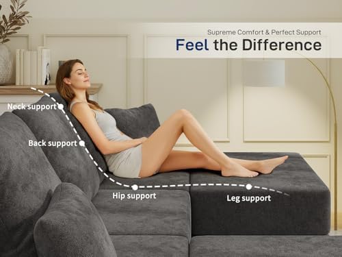 Living&Giving 128" U-Shaped Cloud Sectional Couch for Living Room, Cloud Boneless Couch-No Assembly with Reversible Chaise, Customizable 4-Seat Modular Sectional Sofa with 3 Ottoman,Dark Grey - 4