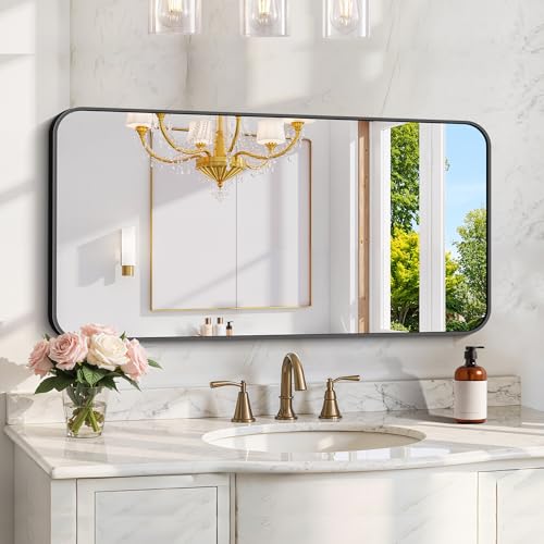 Image of KOCUUY Black Bathroom Vanity Mirror, 24 x 48 inch Metal Frame Mirror with Rounded Corner, Rectangle Design of Upgraded Shatterproof Glass for Bathroom, Bedroom, Living Room, Entryway