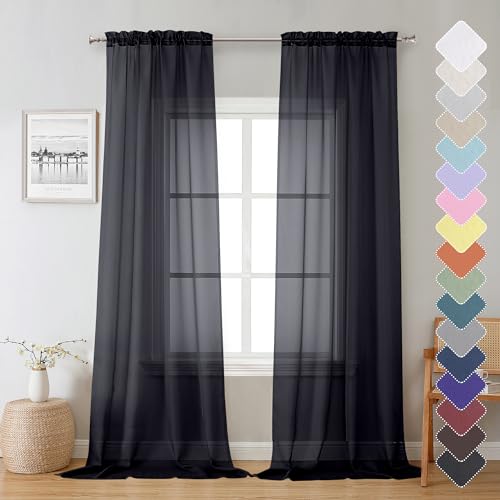 Lecloud Sheer Curtain Panels Set 96" Inches Long, Solid Voile Light Filtering Airy Curtains Window Treatment Drapes for Living Room, 2 Panels Elegant Bedroom Sheer Curtains, Black, 40" Wx96 L