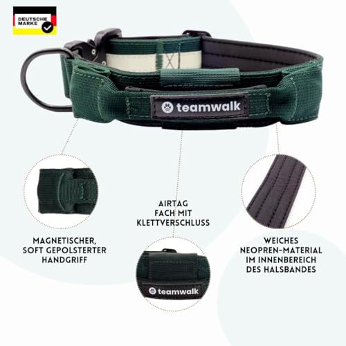 teamwalk® Premium Hundehalsband - mit Magnetgriff, Leuchtstreifen, Air-Tag Tasche, individuell einstellbar, weiche Polsterung, robuste Schnalle, mit passender Leine erhältlich, JETZT NOCH Leichter(M)