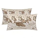 Kissenbezug 80x40 cm Grau, Satin Kissenbezug 2er Set, Weich wie EIN Silk Pillowcase für Haar und Haut, Zierkissen Kissenbezüge Beidseitiger Druck Katze Muster für Deko Wohnzimmer Schlafzimmer -1273