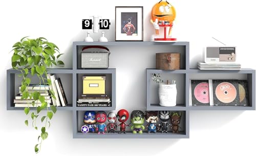 Image of Wooden Wall Shelves for Living Room, Bedroom Wall Mounted Rectangle Bookcase, Intersecting Wall Shelves for Storage Modern Decorative Display Shelves for Wall Decor (Grey)