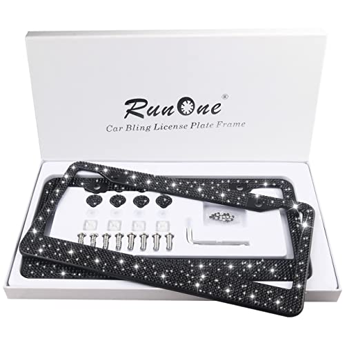 Black Rhinestone License Plate Frame,2 Pack Luxury Black Diamond License Plate Frames for Women,Sparkling Crystal Licenses Plate Frame Black Bling Glitter Screws & Installation Tool Set (Black)