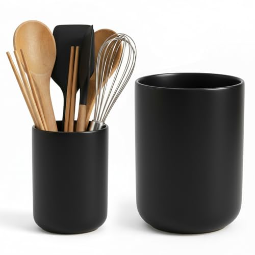 Eclove Lot de 2 Pots Ustensiles Cuisine en Céramique, Porte Ustensiles Grands et Moyens pour Outils de Cuisine, Cuillères, Spatules, Fourchettes, Couteau et...