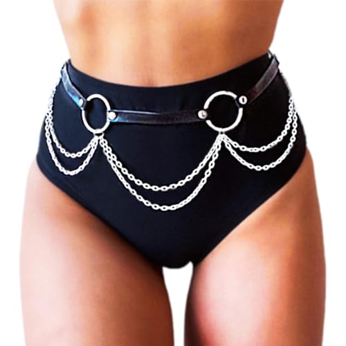 REETAN Rave Waist Chain Belt Punk Black Leather Body Accessories for Women