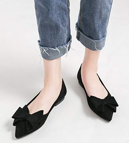 Sailing Lu Bow-Knot Ballet Flats Womens Pointy Toe Flat Shoes Suede Dress Shoes Wear To Work Slip On Moccasins Black Size 9 #TOP5