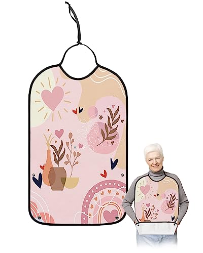 Bohemia Valentine's Adult Bib for Eating with Crumb Catcher,Washable & Waterproof Terry Cloth Adjustable Elderly Women Men Adult Bibs Funny Clothing Protector Modern Abstract Rose Love Leaves Plant