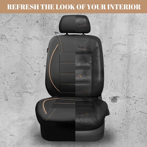 Image of CAR PASS Universal FIT Piping Leather Two Front Seat Covers, Waterproof Faux Leather for SUV Sedan Van Truck, Airbag Compatible,Reserved Opening Holes for Headrest Covers. (Black and Beige)