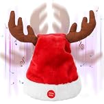 SdeNow Interactive Dancing Musical Santa Claus Hats with Swinging Reindeer Antlers, Funny Electric Singing Christmas Hat for Party Decoration, Adults and Children