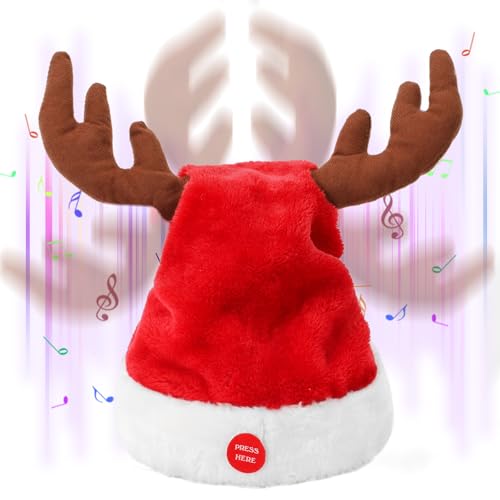 SdeNow Interactive Dancing Musical Santa Hats with Swinging Reindeer Antlers, Funny Electric Singing Christmas Hat for Party Decor Adults and Kids