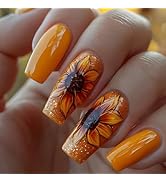 Sunflower Press on Nails Medium Coffin Fake Nails Yellow False Nails with Designs Shiny Glitter G...