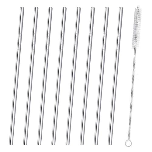 Reusable Stainless Steel Straws for Drinking - 8 Pack Metal Straws with Cleaning Brush - Straight Straws for 20oz Tumblers, Iced Coffee, Juice, and Cold Drinks