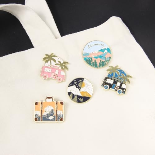 5PCS Tropical Advanture Mountain Wave Enamel Pins Bulk, Cartoon Cute Cool Vibes Briefcase Lapel Backpack Hat Pin Set, Decorative Crooches Button for Jeans, Jackets, Bags, Dress, Shoes4