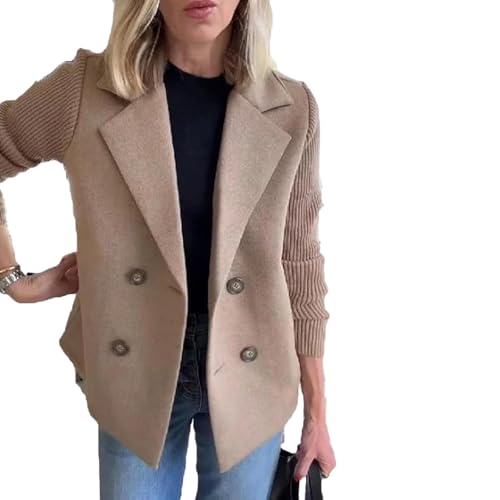 Women's Lapel Button Knitted Patchwork Sleeve Casual Coat Cropped, Pea Coat Blazer Sweater, Double Breasted Coat Sweater