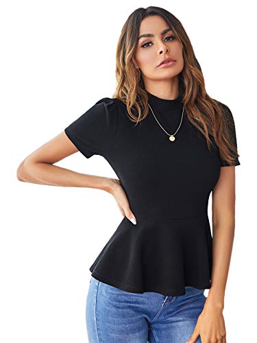 Sweatyrocks Women's Elegant Short Sleeve Stand Collar Stretch Peplum Blouse Top Black Xs #TOP2