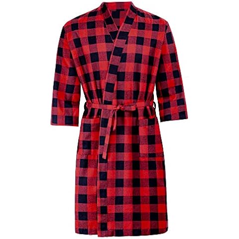 siliteelon Men's Plaid Bathrobe, Flannel Cotton Dressing Gown Checked Robe Cover