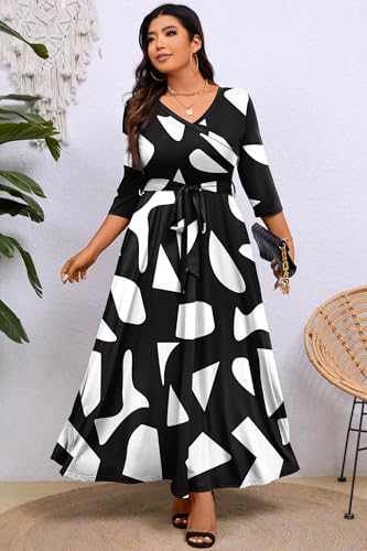 Image of Runwind Plus Size Maxi Dresses - 3 /4 Sleeve V Neck Long Dresses for Women (XL-6XL)