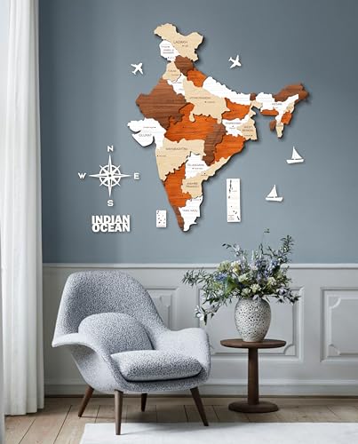 Image of AD INFINITUM 3D Wooden Map of India | Home Decor | Office Decor | A great gift for travelers | Wall decor State and Capital names with Borders (Multicolor Multilayer, 4x3 Feet, INDIA MAP)