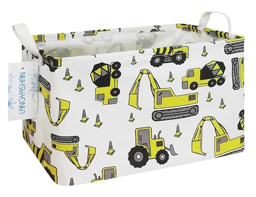 Image of Rectangular Collapsible Storage Basket Nursery Organizer Engineering Car | Storage Bin Foldable Canvas with Handles for Organizing Home Kitchen Children Toys Office Closet Shelf Baskets