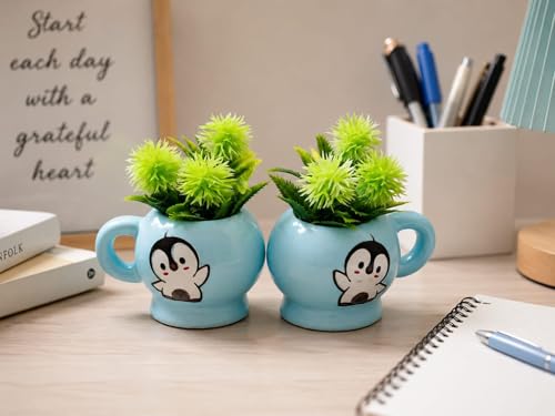 Image of Decorative Penguin Planter Cups Set of 2 with Artificial Green Plants - Cute Ceramic Desk Decor Pots for Living Room, Office & Shelf Styling