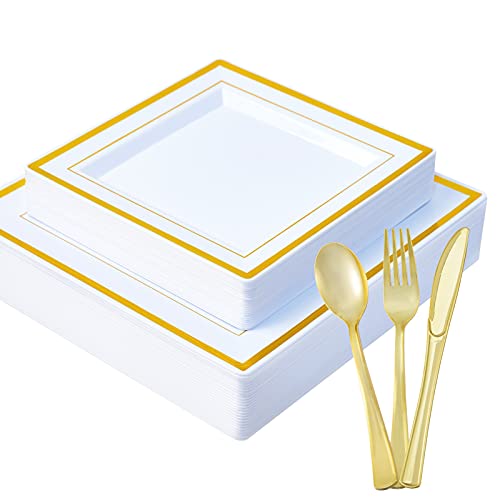 125pcs Square Gold Plastic Plates , including 25 disposable dinner plates, 25 Plastic salad plate, 25 Plastic tableware, premium heavyweight plastic dinner plates for weddings and parties