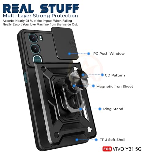 Image of Armor Bumper Back Cover Case for Vivo Y31 5G Rotating Camera Cover, Ring Holder & Kickstand | Heavy Duty & 360 Degree Protection Vivo Y31 5G Back Cover (Black)