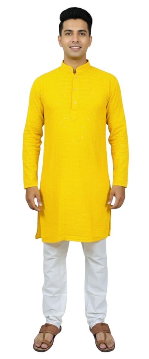 Men’s Rayon Kurta Pajama Set | Traditional Ethnic Wear for Festivals & Weddings (Yellow)-image-41