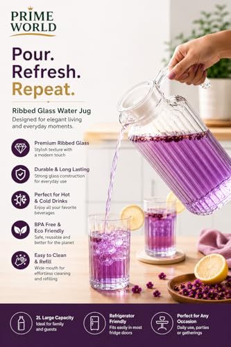 Image of PrimeWorld 2L Ribbed Glass Water Jug with Transparent Lid & Handle | Hot & Cold Beverage Pitcher for Juice, Milk, Tea & Lemonade | Stylish Glass Carafe for Home & Kitchen