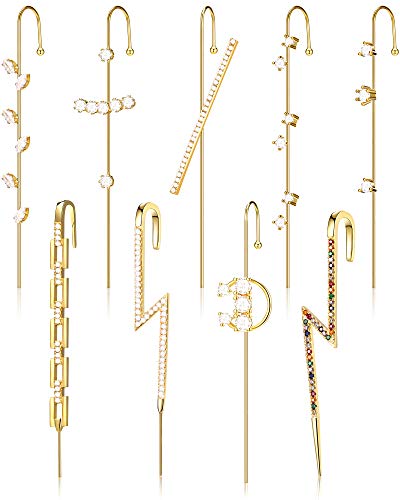 9 Pieces Ear Cuffs Crawler Hook Earrings Cubic Zirconia Ear Climber Wrap Hook Earrings Cartilage Earrings for Women (Gold)
