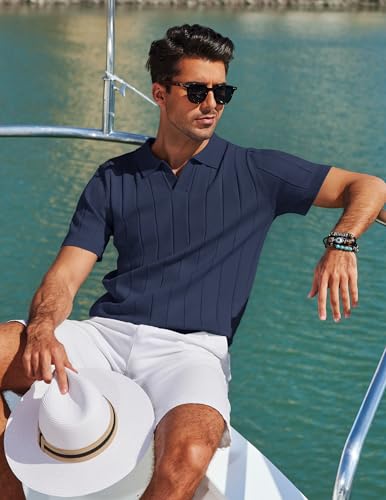 Image of COOFANDY Mens Polo Shirts Short Sleeve V Neck Knit Shirts for Men Casual Old Money Clothes Mens Golf Shirt