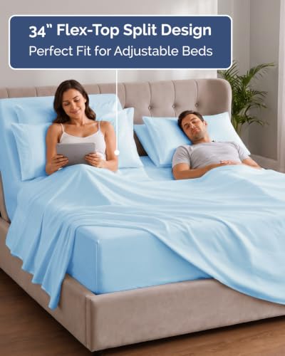 Image of Extra Deep Flex Top Split Head King Sheet Set - 6 Piece Breathable and Cooling Sheets - Hotel Luxury Bedding for Women, Men, Kids & Teens - Easy Secure Fit - Extra Deep Pockets - Light Blue
