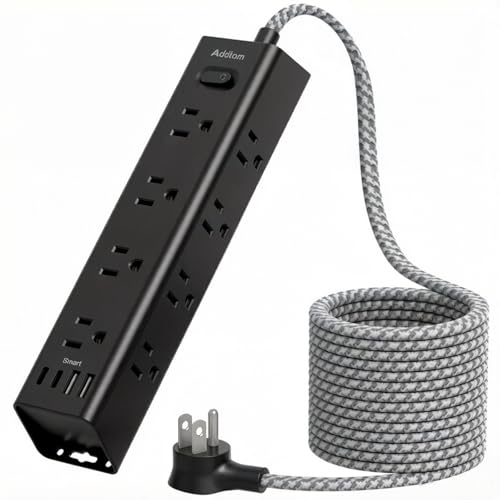 Addtam Black Power Strip Surge Protector with 12 AC Outlets & 4 USB Ports, 15FT Extension Cord, Flat Plug, Wall Mount, 1050J, Outlet Extender for Home Office Gaming Desk Setup, ETL Listed
