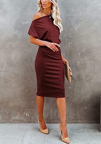 Image of EZBELLE Women's Summer Dress Off The Shoulder Short Sleeve Ribbed Casual Party Bodycon Midi Dresses