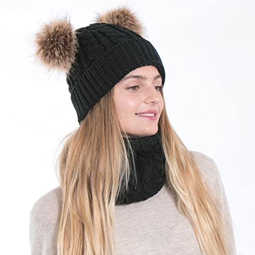Image of Arctic Paw Womens Super Soft Warm Chunky Cable Faux Fur Pompom Knit Beanie Hat