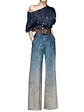 ORANDESIGNE Damen Langarm Lang Jumpsuit Elegant Overall Jumpsuit V-Ausschnitt Playsuit Sexy Geblümter Hosenanzug Playsuit Romper C Blau S