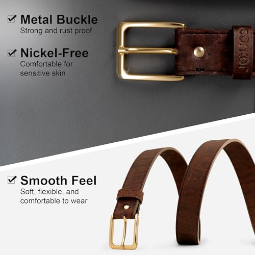 Women's Cork Belt 1 1/8" – Brown & Black Strap with Silver & Gold Nickel-Free Buckle, Vegan Leather Alternative4