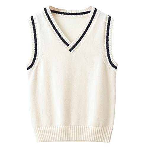 Aislor Boys Girls V Neck Knitted Sweater Vest Kids Uniform Knitwear Sleeveless Pullover Crochet Vest Top Waistcoat White 11-12 Years #TOP28