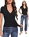 Meetrendi Womens Short Sleeve Business Casual Tops Summer V Neck Polo Work Shirts 2025 Fitted Basic Collared Shirt Black
