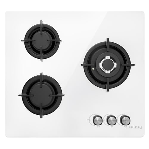 Placa de Gas 3 Fuegos Blancos, Placa Cristal Gas butano, Ancho 60 cm, 7,75 kW, Encimera de Gaz Butano, Cocina empotrable, Gaz Ciudad y Botella