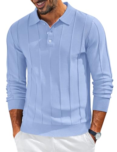 COOFANDY Mens Knit Long Sleeve Polo Sweater Business Casual Collared Golf Sweaters Ribbed Textured Activewear Polos Light Blue