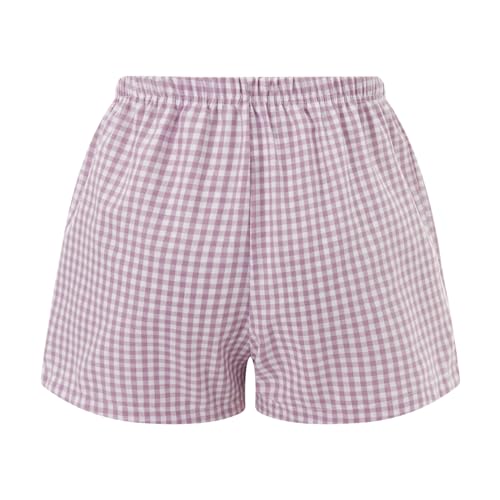 Image of Yuemengxuan Y2k Plaid Shorts Baggy Boxer Shorts for Women Elastic Waist Casual Lounge Bottom Gingham Pajama Shorts Sleepwear