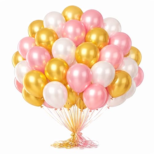 Image of 50 Pcs Pink Gold White Metallic Chrome Balloons for Birthday Decoration Items Anniversary Baby Shower Boys Girls Kids Year With Latex Transparent Metallic Balloon Happy Birthday Decoration Kit Combo