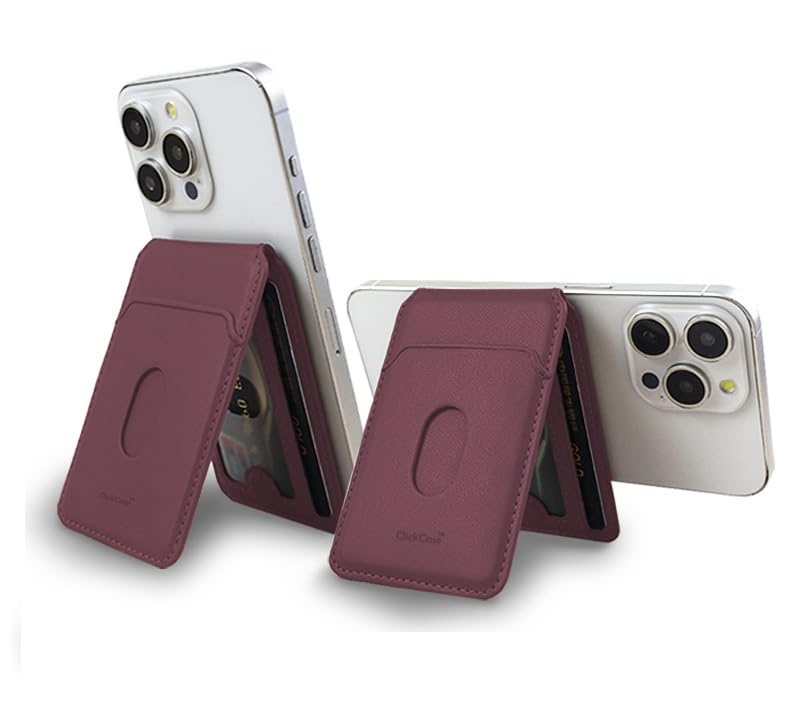 Image of ClickCaseBifold MagSafe Wallet, Minimalist Wallet with Stand, Magnetic Closure Wallet for iPhone 16 /15 /14 /13 /12 Series, Card Holder, Vegan Leather (Wine RED)