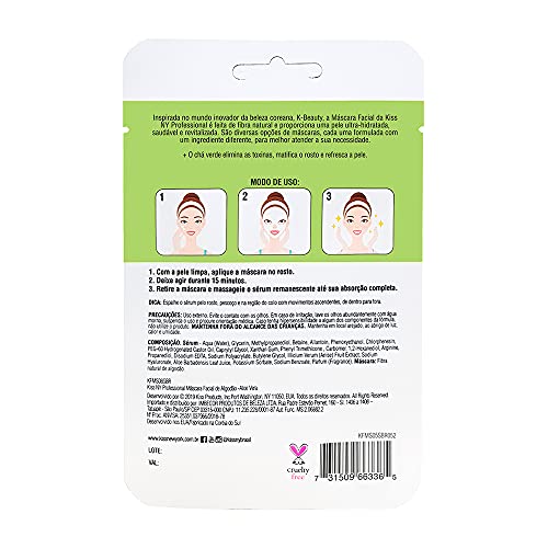 Kiss NY Professional Máscara Facial de Algodão - Chá Verde, Kiss New York Professional