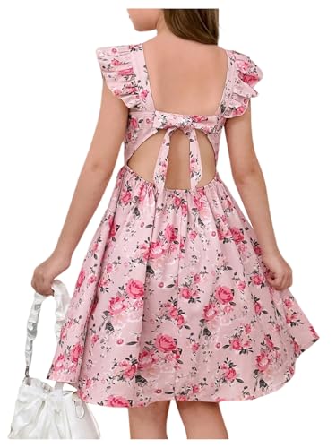 GORGLITTER Girl's Cute Floral Princess Dress Bow Tie Open Back Flounce Sleeve Ruffle Dresses