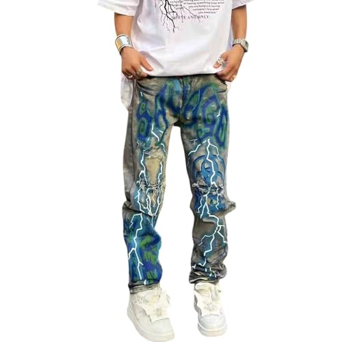 Men's Graffiti Hip-hop Jeans, Men's Lightning Print, Tight and Worn Jeans, Gothic Jeans