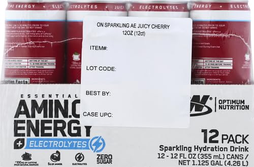 Image of Optimum Nutrition Amino Energy Sparkling Hydration Drink,Electrolytes,Caffeine,Amino Acids,BCAAs,Sugar Free,Juicy Cherry,12 Fl Oz,(Packaging May Vary),12 Count (Pack of 2)