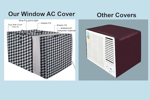 Image of The Furnishing Tree Elastic fit waterproof Polyester window ac cover suitable for Croma 1.5 Ton, Dustproof cover for inner and outer section, In CM: (67.31x66.04x45.72), Checkered Pattern White